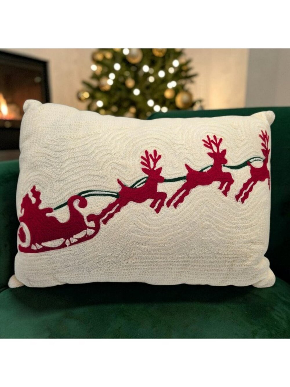 Santa Sleigh Reindeer Christmas Decorative Throw Pillow Ivory Red Cotton Wool